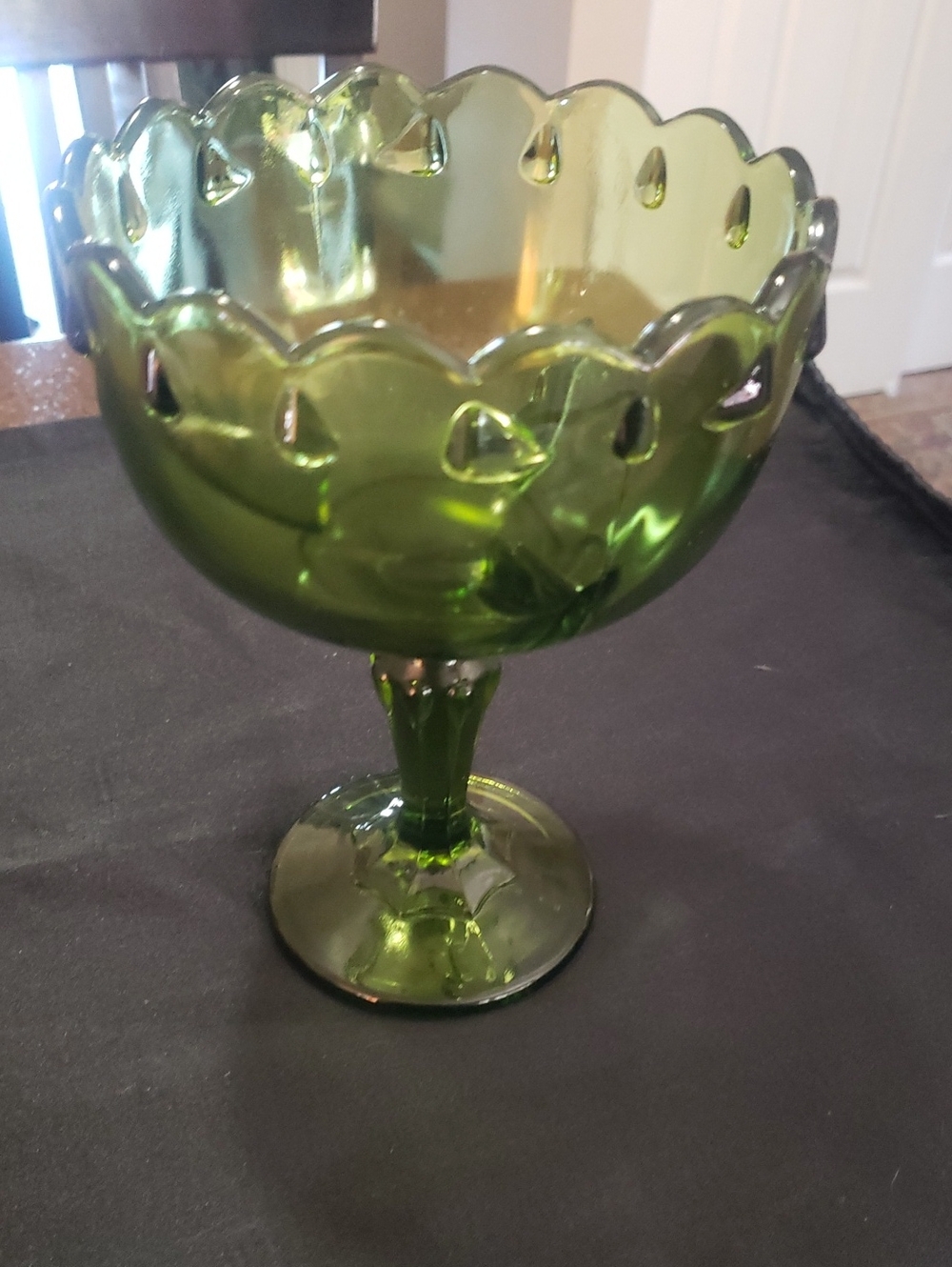 Vintage Avocado Green Glass Compote Bowl: Teardrop Scalloped Pedestal